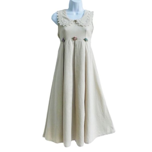 Vintage Dresses & Skirts - Vintage Peasant Midi Dress Fit Flare Empire Linen Blend Empire Twist Back Tie 14
